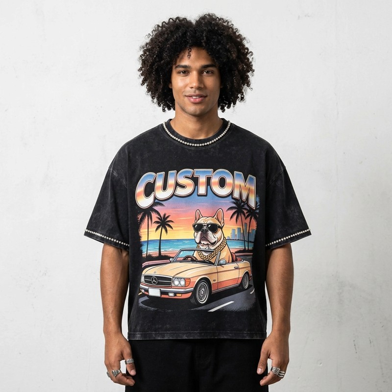 Acid Washed DTG Print Rhinestone Hotfix T-shirt