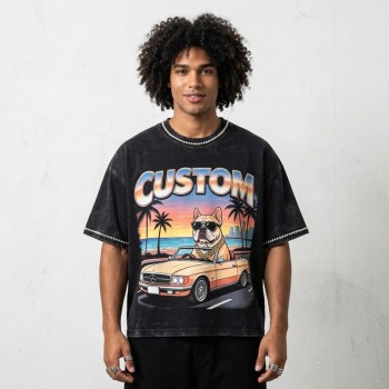 Acid Washed DTG Print Rhinestone Hotfix T-shirt | Oversized Boxy Fit | Custom Streetwear Manufacturer