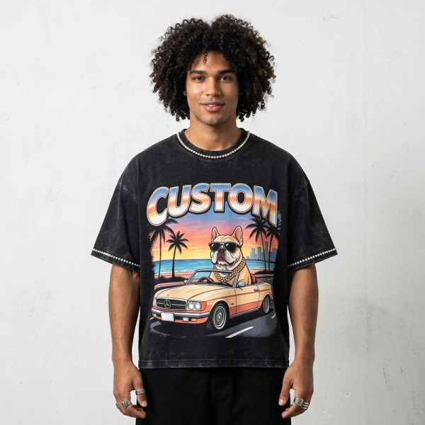 Acid Washed DTG Print Rhinestone Hotfix T-shirt | Oversized Boxy Fit | Custom Streetwear Manufacturer