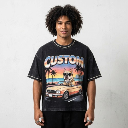 Acid Washed DTG Print Rhinestone Hotfix T-shirt | Oversized Boxy Fit | Custom Streetwear Manufacturer