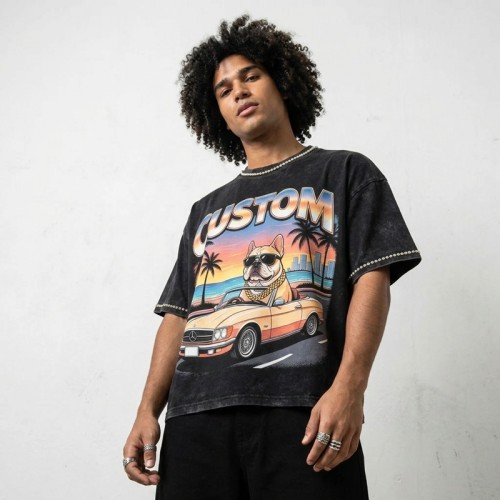 Acid Washed DTG Print Rhinestone Hotfix T-shirt | Oversized Boxy Fit | Custom Streetwear Manufacturer
