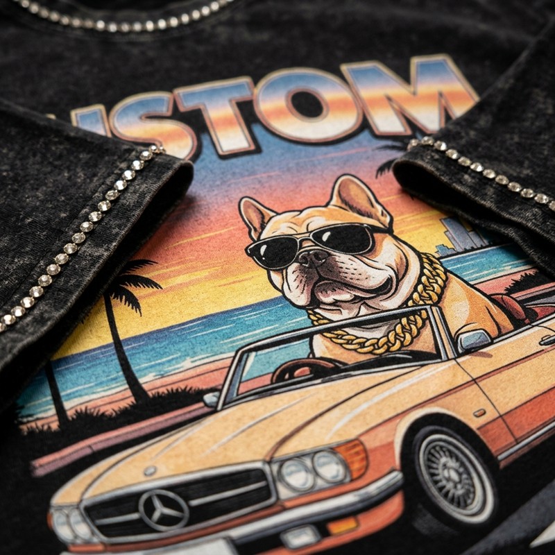 Acid Washed DTG Print Rhinestone Hotfix T-shirt