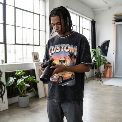 Acid Washed DTG Print Rhinestone Hotfix T-shirt | Oversized Boxy Fit | Custom Streetwear Manufacturer