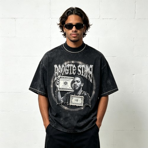 Acid Washed Rhinestone Applique DTG Print T-shirt | Oversized Drop Shoulder | Custom Streetwear