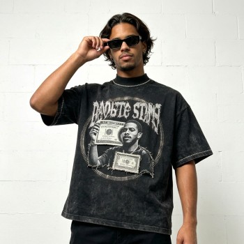 Acid Washed Rhinestone Applique DTG Print T-shirt | Oversized Drop Shoulder | Custom Streetwear