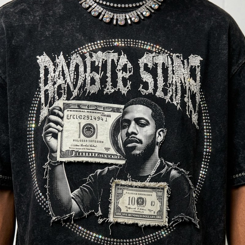 Acid Washed Rhinestone Applique DTG Print T-shirt