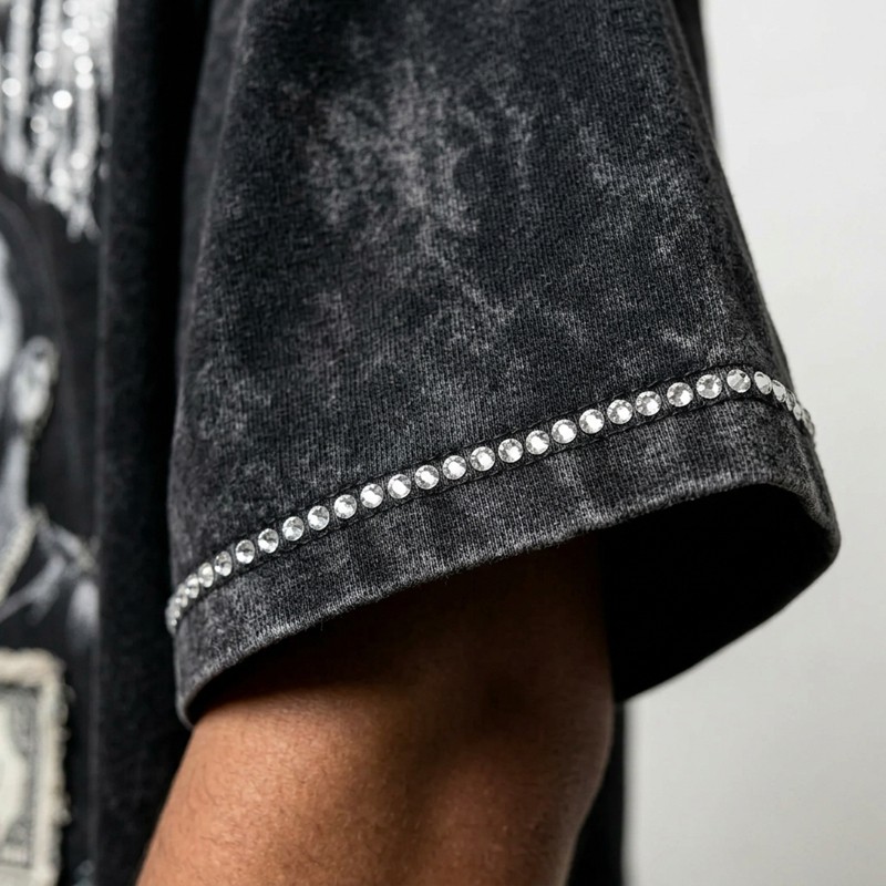Acid Washed Rhinestone Applique DTG Print T-shirt