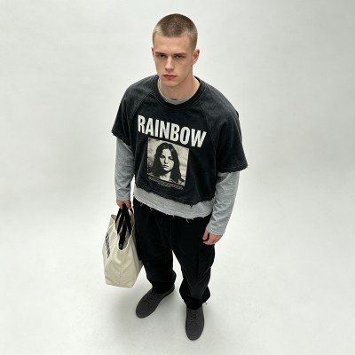 Washed Cracked Screen Print Fake Two Piece Cropped T-shirt | Frayed Raw Hem | Vintage Retro Streetwear | OEM Streetwear