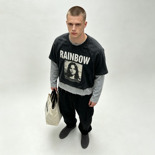 Washed Cracked Screen Print Fake Two Piece Cropped T-shirt | Frayed Raw Hem | Vintage Retro Streetwear | OEM Streetwear