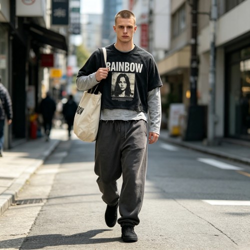Washed Cracked Screen Print Fake Two Piece Cropped T-shirt | Frayed Raw Hem | Vintage Retro Streetwear | OEM Streetwear