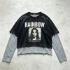 Washed Cracked Screen Print Fake Two Piece Cropped T-shirt | Frayed Raw Hem | Vintage Retro Streetwear | OEM Streetwear