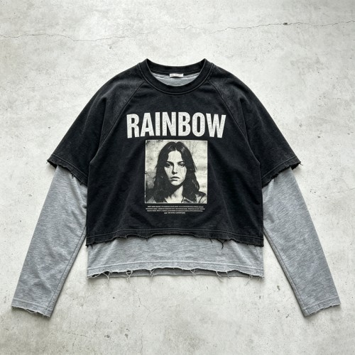 Washed Cracked Screen Print Fake Two Piece Cropped T-shirt | Frayed Raw Hem | Vintage Retro Streetwear | OEM Streetwear