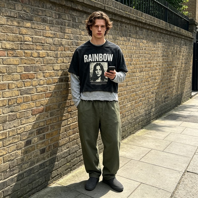 Washed Cracked Screen Print Fake Two Piece Cropped T-shirt