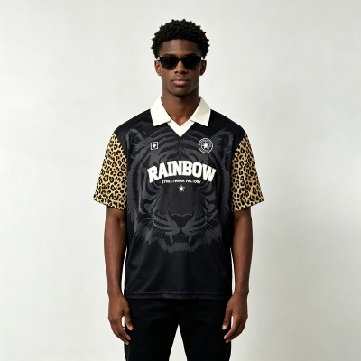 DTG Tiger Print and Screen Print Logo Applique T-shirt | Vintage Leopard Polo Jersey | OEM Streetwear