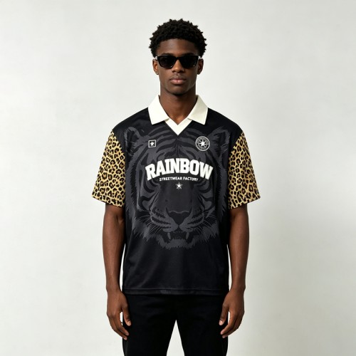 DTG Tiger Print and Screen Print Logo Applique T-shirt | Vintage Leopard Polo Jersey | OEM Streetwear