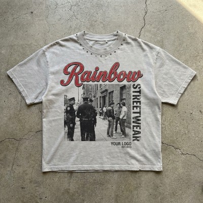 Vintage Distressed Washed Rivet DTG Print T-shirt | Eyelet Rivet Neckline | 100% Cotton Oversized Fit | Streetwear Manufacturer
