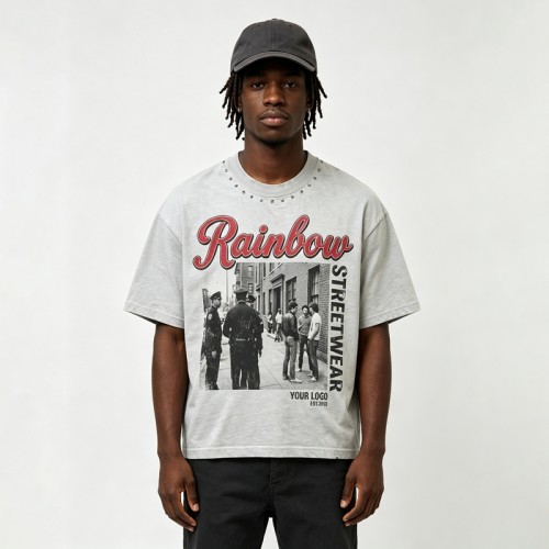 Vintage Distressed Washed Rivet DTG Print T-shirt | Eyelet Rivet Neckline | 100% Cotton Oversized Fit | Streetwear Manufacturer