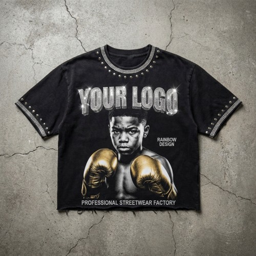 Rhinestone Stud Rivet DTG Print Screen Print Tee | Vintage Washed Boxing Print T-shirt | 100% Cotton | OEM Streetwear