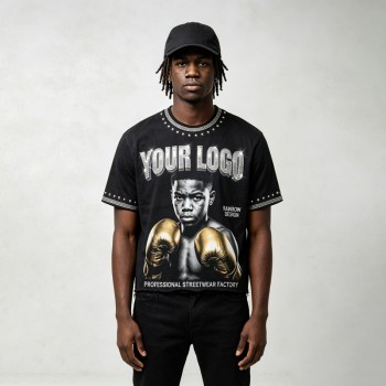 Rhinestone Stud Rivet DTG Print Screen Print Tee | Vintage Washed Boxing Print T-shirt | 100% Cotton | OEM Streetwear