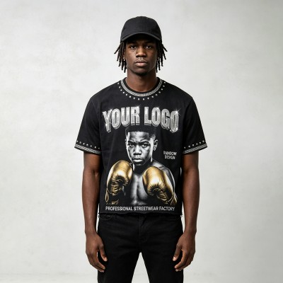 Rhinestone Stud Rivet DTG Print Screen Print Tee | Vintage Washed Boxing Print T-shirt | 100% Cotton | OEM Streetwear