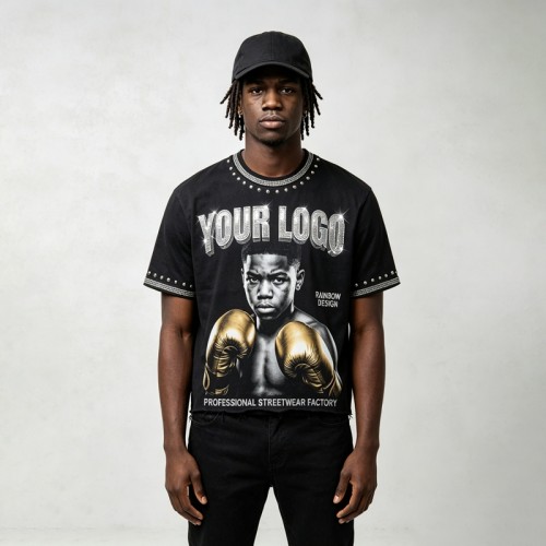 Rhinestone Stud Rivet DTG Print Screen Print Tee | Vintage Washed Boxing Print T-shirt | 100% Cotton | OEM Streetwear