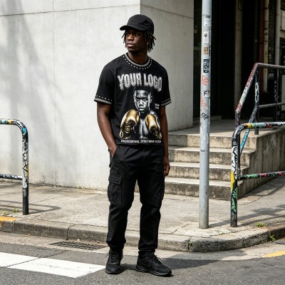 Rhinestone Stud Rivet DTG Print Screen Print Tee | Vintage Washed Boxing Print T-shirt | 100% Cotton | OEM Streetwear