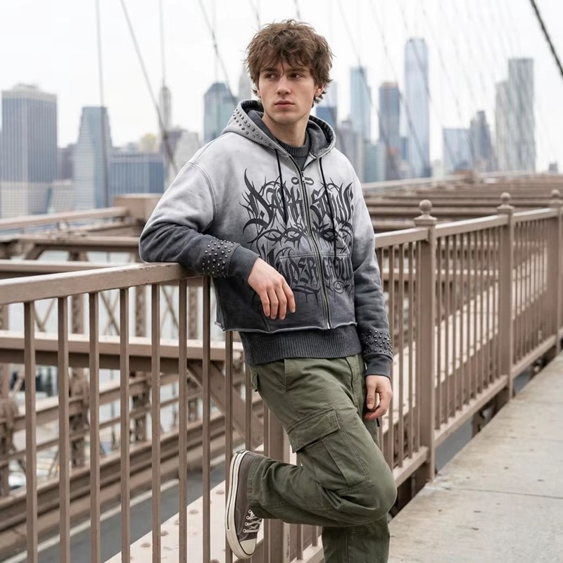 Gradient Washed DTG Print Rivet Cropped Zip Up Hoodie