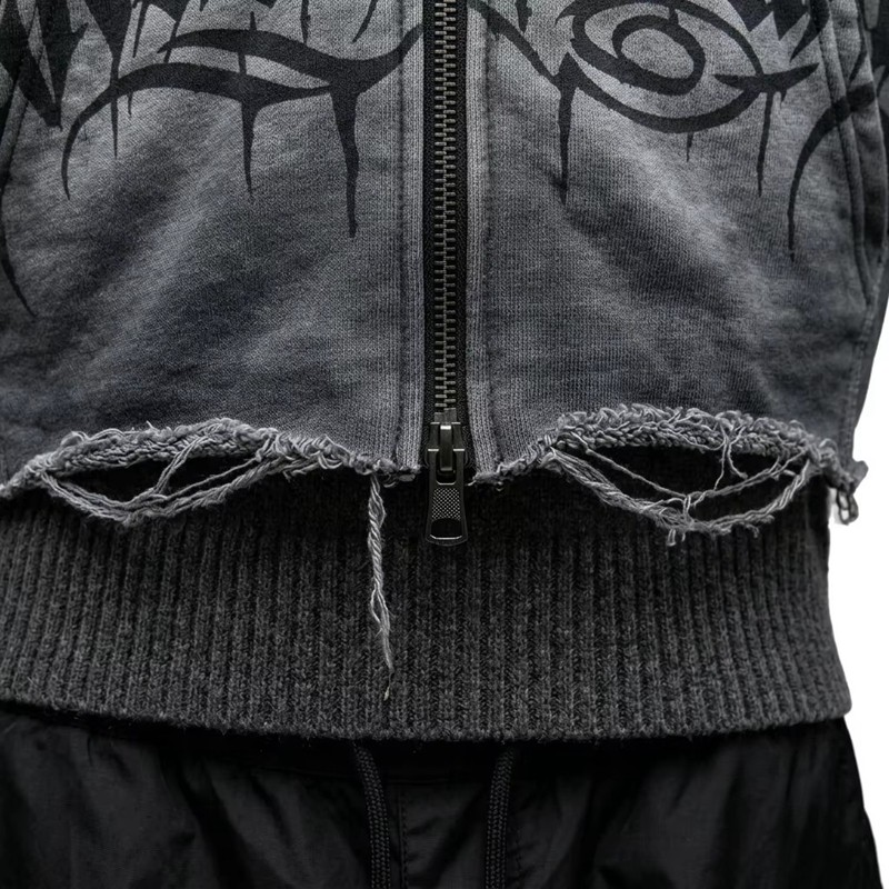 Gradient Washed DTG Print Rivet Cropped Zip Up Hoodie