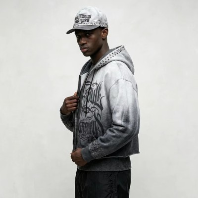 Gradient Washed DTG Print Rivet Cropped Zip Up Hoodie | Full Zip Hooded Top | OEM Streetwear