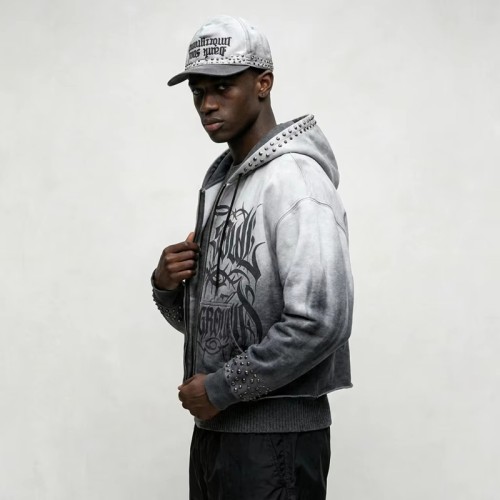 Gradient Washed DTG Print Rivet Cropped Zip Up Hoodie | Full Zip Hooded Top | OEM Streetwear