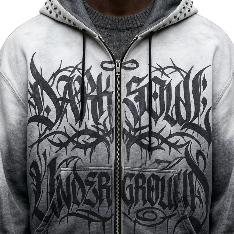 Gradient Washed DTG Print Rivet Cropped Zip Up Hoodie