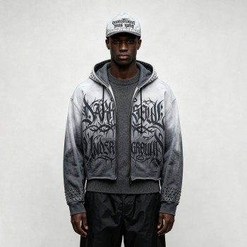 Gradient Washed DTG Print Rivet Cropped Zip Up Hoodie | Full Zip Hooded Top | OEM Streetwear