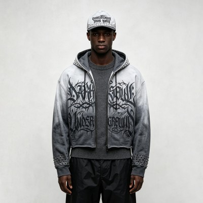 Gradient Washed DTG Print Rivet Cropped Zip Up Hoodie | Full Zip Hooded Top | OEM Streetwear