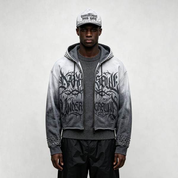Gradient Washed DTG Print Rivet Cropped Zip Up Hoodie | Full Zip Hooded Top | OEM Streetwear