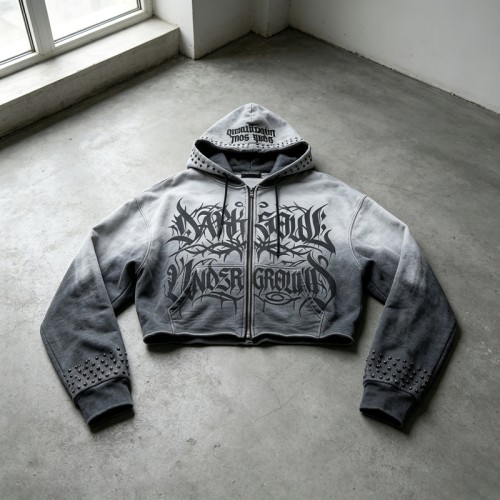 Gradient Washed DTG Print Rivet Cropped Zip Up Hoodie | Full Zip Hooded Top | OEM Streetwear