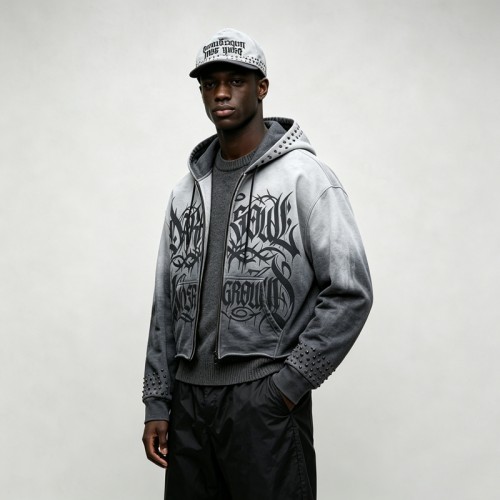 Gradient Washed DTG Print Rivet Cropped Zip Up Hoodie | Full Zip Hooded Top | OEM Streetwear
