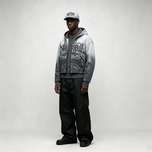 Gradient Washed DTG Print Rivet Cropped Zip Up Hoodie | Full Zip Hooded Top | OEM Streetwear