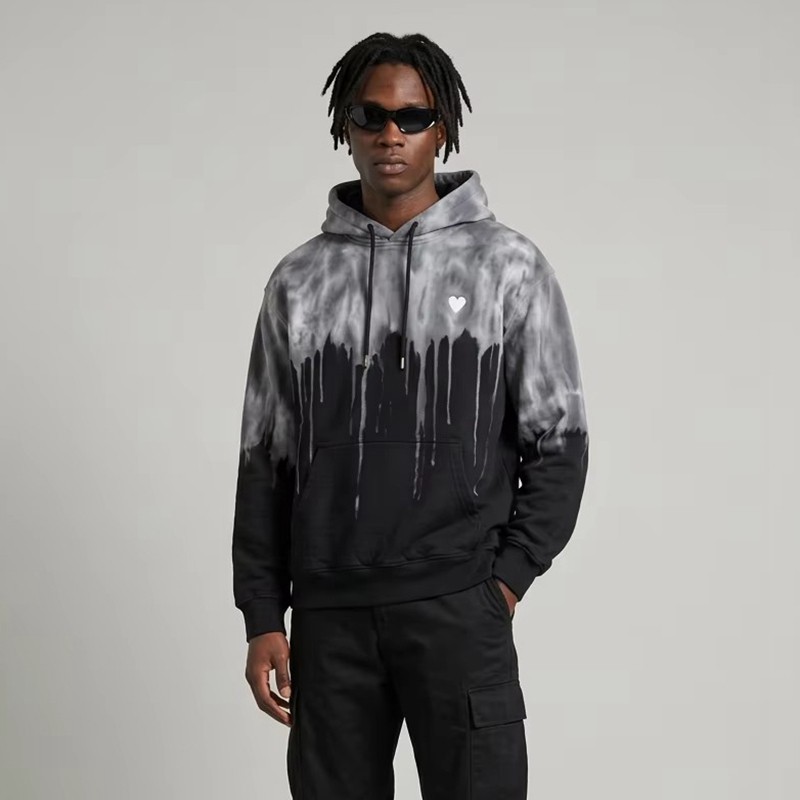 Sun Faded Spray Drip Print Heart Embroidery Hoodie
