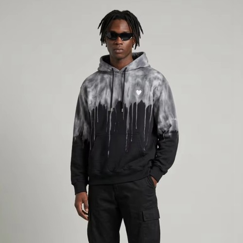 Sun Faded Spray Drip Print Heart Embroidery Hoodie | French Terry Kangaroo Pocket Hoodie |Custom Streetwear