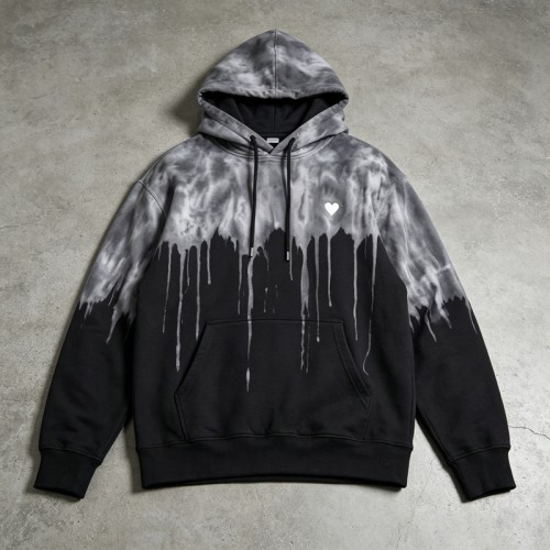 Sun Faded Spray Drip Print Heart Embroidery Hoodie | French Terry Kangaroo Pocket Hoodie |Custom Streetwear