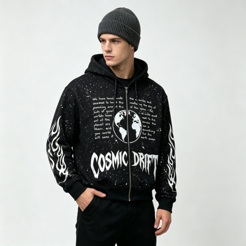 Screen Print Splash Ink Zip Up Hoodie | Oversized Fit | Street Daily Wear | Custom Streetwear Manufacturer