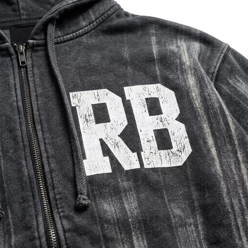 Distressed Washed Vintage Screen Print Zip Up Hoodie