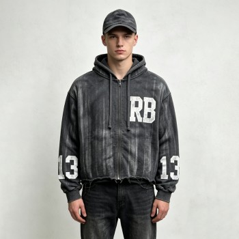 Distressed Washed Vintage Screen Print Zip Up Hoodie | Daily Street Outfit | Custom Streetwear Manufacturer