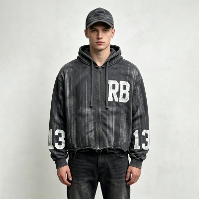 Distressed Washed Vintage Screen Print Zip Up Hoodie | Daily Street Outfit | Custom Streetwear Manufacturer