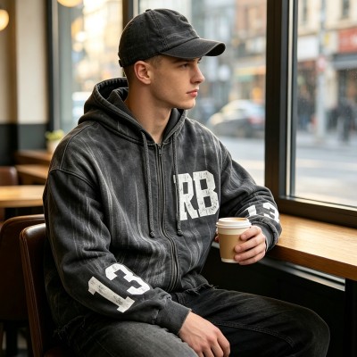 Distressed Washed Vintage Screen Print Zip Up Hoodie | Daily Street Outfit | Custom Streetwear Manufacturer