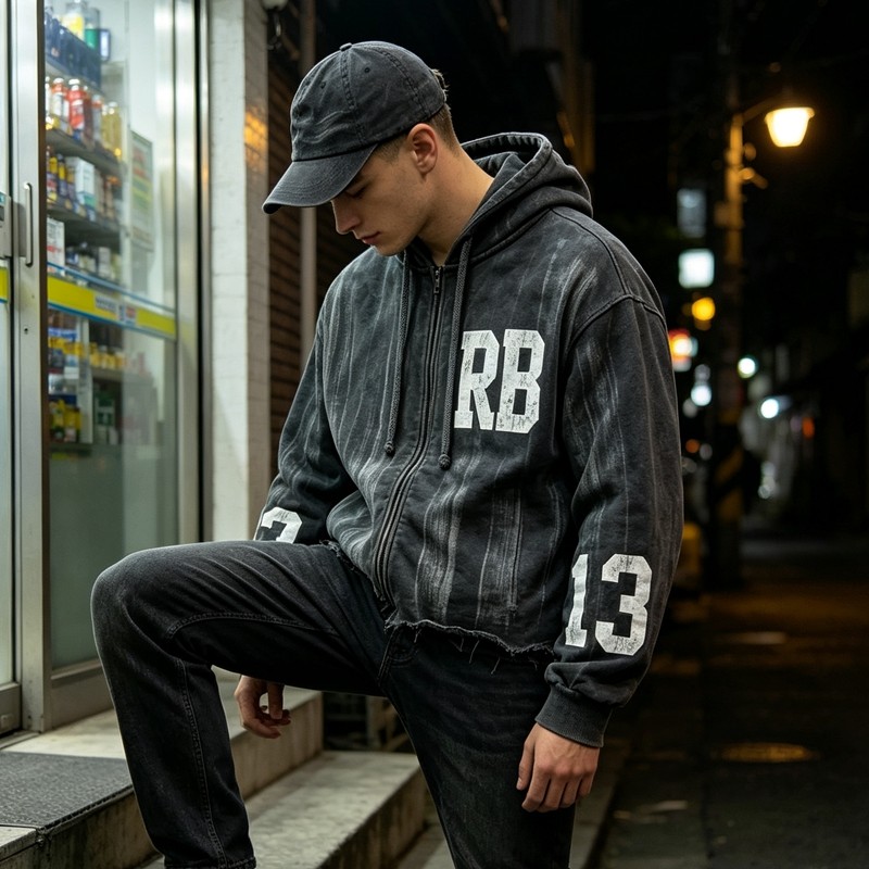 Distressed Washed Vintage Screen Print Zip Up Hoodie