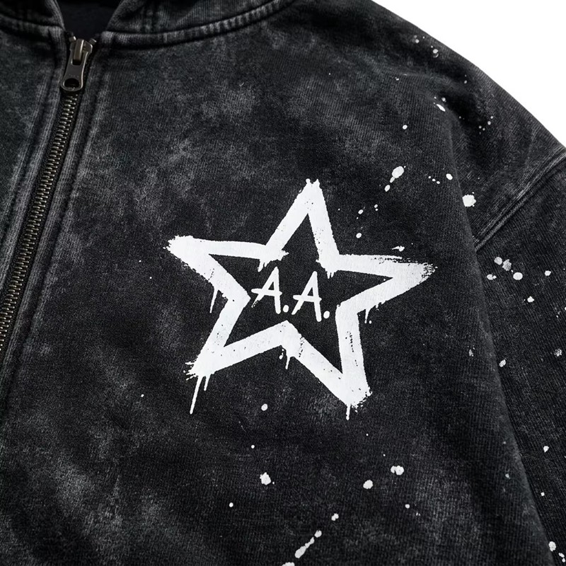 Washed Splatter Ink Screen Print Star Full Zip Hoodie