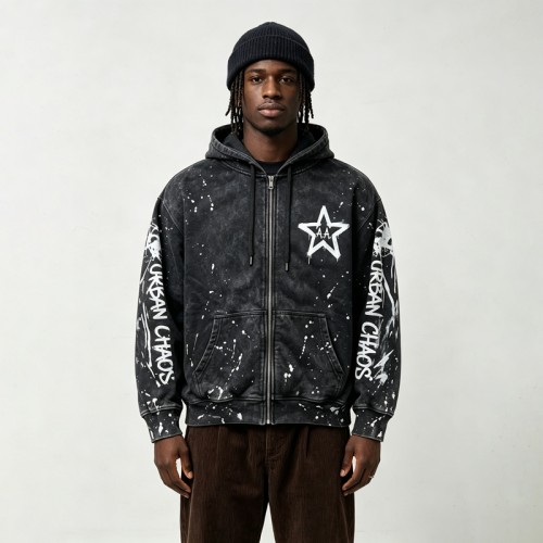 Washed Splatter Ink Screen Print Star Full Zip Hoodie | Speckle Paint Drip Graphic Effect | OEM Streetwear