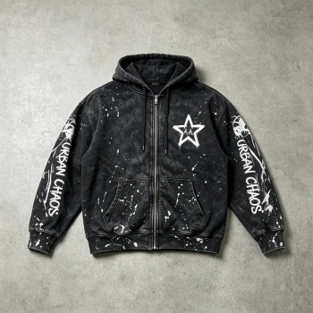 Washed Splatter Ink Screen Print Star Full Zip Hoodie | Speckle Paint Drip Graphic Effect | OEM Streetwear