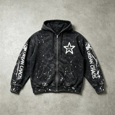 Washed Splatter Ink Screen Print Star Full Zip Hoodie | Speckle Paint Drip Graphic Effect | OEM Streetwear